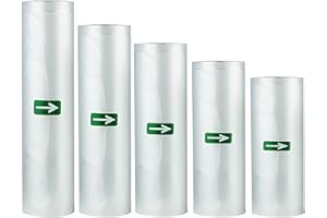 MKISHINE Sacs sous vide alimentaire,5 rouleaux sac mise sous vide,sac machine sous vide costaud pour préserver les aliments plus longtemps permettent de découper le sac,sans B.P.A et LFGB Approuvé,5 tailles