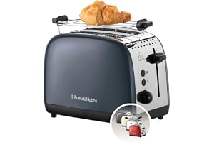 Russell Hobbs Brödrost två Skivor, Colors Plus Rostfritt Stål Grå, Extra breda brödfack, inklusive uppvärmningsgaller, 6 rost