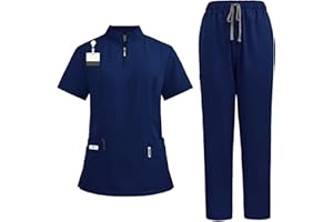 Meichoon Set de uniformes médicos para mujer con cuello en V y cremallera, cuatro bolsillos, pantalón de yoga elastizado, uniforme de trabajo para atención médica, salón de belleza DK50