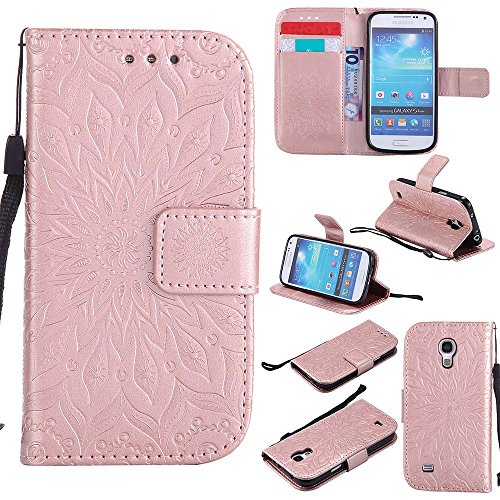 Galaxy S4 Mini Hülle, Dfly Premium Slim PU Leder Mandala Blume prägung Muster Flip Hülle Bookstyle Stand Slot Schutzhülle Tasche Wallet Case für Samsung Galaxy S4 Mini i9190, Rosen-Gold