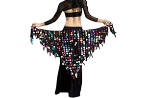 Caziffer Ballo di Pancia Sciarpa da Donna per Danza del Ventre con Paillettes in Rete Gonna a Triangolo Gonna di Carnevale Catena in Vita Cintura con Nappe