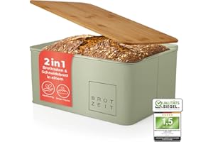 Lumaland Cuisine Cestino per il pane | Scatola per il pane in metallo con coperchio in bambù | Scatola per il pane rettangolare 30,5 x 23,5 x 14 cm | 2in1 Cestino per il pane e tagliere [Verde Menta]