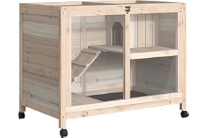 PawHut Cage à Lapin clapier sur roulettes Petit enclos Animaux en Bois Massif 2 étages Toit ouvrant Plates-Formes 91,5 x 53,3 x 73 cm Bois Naturel