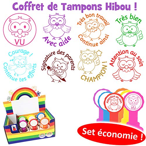 8 Tampons Auto-encreurs. Coffret de l'Enseignants Hibou : Attention au soin, Courage/continue tes efforts, Avec aide, Signature des parents, Très bon travail/Continue ainsi, Vu, Champion, Très bien