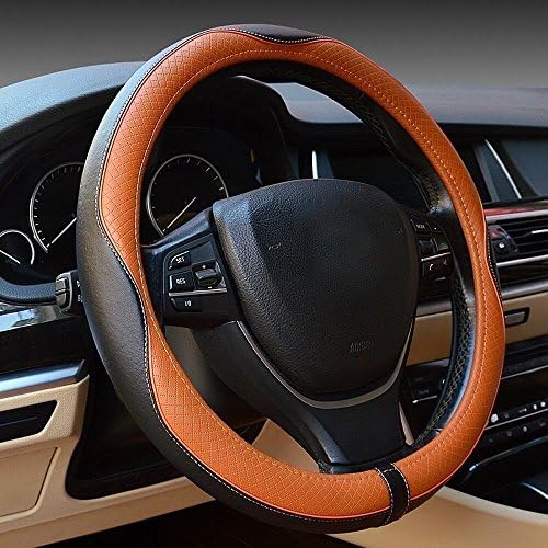 Car Leather Steering Wheel Covers Universal 15 inch Breathable Anti-slip Wheel Wrap (Light Coffee)