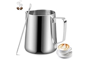 PLACHIDAY Milk Frothing Pitcher, 350ml/12oz Milk Jug for Coffee Machine, Stainless Steel Pitcher with Measurement Mark and Decorating Pen for Making Latte Art and Cappuccino, Suitable for Coffee Lovers, Silvery