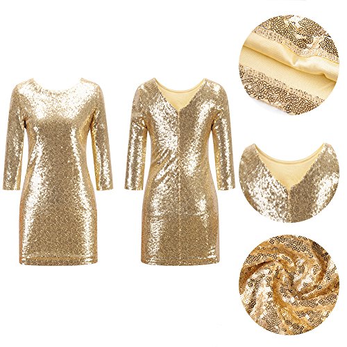 Frauen halbe Hülse Pailletten-Kleid tief V zurück Clubwear Abendkleid Gold S - 6