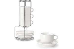 MALACASA Série REGULAR, Lot de 4 Tasses à Café pour 4 Personnes, 90 ml, Service à Café Empilable avec Soucoupe et Support en Métal，Idéal pour Expresso, Cappuccino, Latte, Moka et Thé, Blanc