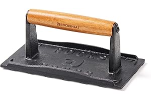 ROCKSHEAT Cast Iron Square Burger Press with Wooden Handle - 8x4 Inch Heavy Duty Patty Maker for Perfectly Shaped Burgers, Steak Patties, and More