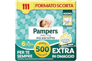 Pampers Baby Dry XL, Size 6 (15-30 kg), Stock Size, Anti-Leak Barriers, Drier Up to 12 hours, Reinforced and Wraparound Tabs, 111 Baby Nappies + 500 Free Points