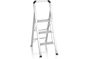 hjh OFFICE 801104 - Scala pieghevole con 3 gradini SOLID V, in alluminio, con staffa di sicurezza, portata fino a 150 kg, pieghevole