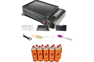 SMH LINE® Juego de barbacoa de gas 2 en 1, incluye 8 cartuchos de gas, barbacoa de camping, cocina, balcón, barbacoa de mesa, maletín, barbacoa de gas, incluye accesorios para parrilla, clip para