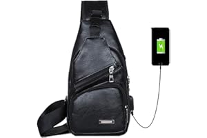 VOHONEY Chest Bags for Mens/Women Anti-theft Sling Shoulder Backpack PU Leather Crossbody Sling Purse with USB Charging Port for Business Casual Travel Sport