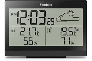 Youshiko Wireless Weather Station 2025 UK Version Premium Quality Clear Display, with Radio Controlled Clock, Indoor Outdoor Temperature Thermometer, Humidity Ice Alert, Easy-to-Read Display