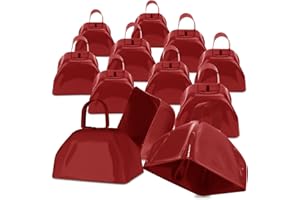 DEKE HOME 12 Pack, 3" metal mini cow bell with handle. Small cowbell. Loud noise makers. For football Game events, musical instrument bells, stick percussion, dog necklace, gate. Hand cowbells handles. Red