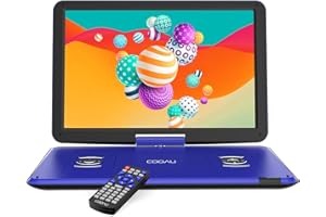 COOAU 17.5'' Portable DVD Player with 15.6" Large Swivel Screen, 6 Hrs Long Lasting Built-in Battery, Region Free, Stereo Sound, with Remote Controller, SD+USB+AVin+AVout+Earphone Port, Blue