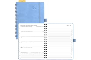 POPRUN Agenda 2025 2026 Semainier et Carnet de Notes D'Août 2025 à Déc 2026 Scolaire 22 x 16,5 cm - Couverture Souple à Spirale, Onglets Mensuels, Papier 80g/m², Règle signet, Bleu Cyan