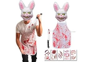 Yi'antai Costume de Boucher Halloween, Costume de Lapin D'horreur, Masque de Lapin, Deguisement Halloween Homme, Homme Horreur Tueur, Tablier Ensanglanté, Temporary Tattoo Sheets (A)