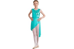 inhzoy Abito da Pattinaggio Artistico Bambina Paillettes Vestito da Danza Lirico Contemporaneo Body da Danza Classica Moderna con Orlo Irregolare Costumi di Danza Dancewear
