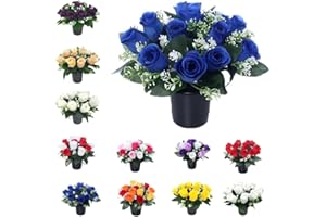MR. BARRY'S HANDMADE Mr. Barry’s Rose Artificial Flowers in Grave Flower Pots – UV-Resistant, Realistic, Long-Lasting Design for Cemetery, Grave Displays, Memorial Tributes, Home & Garden Floral Arrangements (Blue)