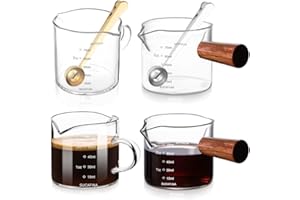IBEQUEM 4 kubki z miarką 75 ml, podwójne wylewki, szklanki do espresso z drewnianym uchwytem, miarka potrójnego dzbanka do mleka z podwójną skalą, akcesoria baristów do przezroczystego mini kubka z miarką o