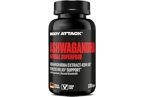 BODY ATTACK SPORTS NUTRITION Body Attack Ashwagandha KSM-66® Kapseln, 120 Stk. - indische Schlafbeere - Kapseln mit hochdosiertem Ashwagandha - Made in Germany - mit Magnesium, Zink & Vitamin B6, vegan