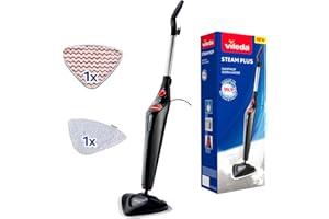 Vileda Steam Plus Nettoyeur vapeur avec PowerPad et housse de rechange en microfibre, élimine jusqu'à 99,9% des bactéries et des virus, pour tous les sols, idéal pour les tapis, emballage écologique