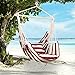 Produktbild Holifine Hängesessel mit 2 Kissen 120 x 150 cm Garten Hängestuhl XL Balkon Aufhängung Hängesitz für Drinnen + Draußen inkl. Querstab aus Holz - Rote und weiße Streifen