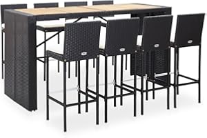 vidaXL Mesa y Sillas Bar Jardín 9 Piezas Patio Conjunto Casa Exterior Comedor Aire Libre Asientos Balcón Ratán Sintético Negro Madera
