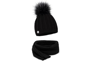 EliMeli® Zimowa ciepła czapka z dzianiny z dodatkiem kaszmiru, z sztucznym futerkiem na pomponie, luźny krój z dzianiny, damska czapka beanie na zimę, wyprodukowana w UE