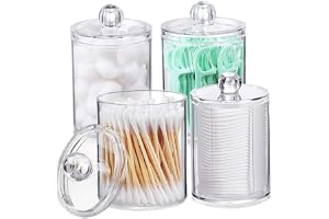 Peosaard 4-pack hållare dispenser för bomullsboll, bomullspinne, runda dynor i bomull, tandtråd – 295 ml genomskinlig plast apotekare burkset förvaring organisation, sminkförvaring