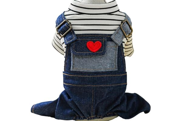 PETANGEL Small Dog Outfits Denim Overalls Classic Stripe Shirts Bib Pants For Cats Cool Dog Clothes Doggie Jean Jumpsuit Onesie T-Shirt With Pocket (M,Adjustable Chest:40-45cm),Red Heart Blue,1 Count