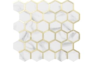 DICOFUN 3mm Hexagon Self Adhesive Wall Tiles, Polished White Marble Mixed Gold Metal Chip Stick on Tile, Splashback Tile Stickers for Kitchen & Bathroom (10 Tiles)