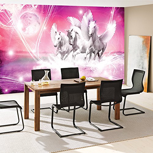 Vlies Fototapete 350×245 cm PREMIUM PLUS Wand Foto Tapete Wand Bild Vliestapete – Tiere Tapete Pegasus Wasser Mond Sterne lila Illustration Foto lila – no. 1078 - 7