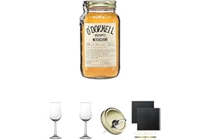 DIVERSE ODonnell Bratapfel 20% 0,7 Liter + 2 Bugatti Nosing Gläser mit Eichstrich 2cl und 4cl + 2 Schiefer Glasuntersetzer eckig ca. 9,5 cm Ø + 1 ODonnell Ausgiesser