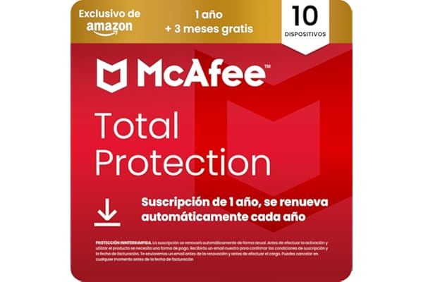 McAfee Total Protection para 10 Dispositivos 2026, 15 meses, Exclusivos de Amazon | Antivirus, VPN, software de seguridad | Suscripción con renovación automática | Descargar