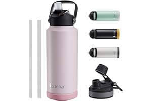 Exllena Insulated Water Bottles with Straw - 1 Litre, Stainless Steel Double-Wall Vacuum Thermal Water Bottle, Leakproof, BPA-Free (Pink)