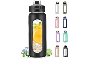 BLUEGO 700ML Bouteille d'eau en Verre avec Poignée et Paille Bouteille d'hydratation avec Manchon en Silicone et Marquage du Temps Gourde de Motivation pour Gym Sport Extérieur Anti-fuite, Noir