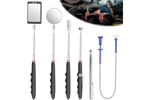 LEIKURVO 6 Stück Versenkbar Inspektionsspiegel Kit, Teleskopspiegel Pick up tool Set Teleskop Magnet Werkzeug mit LED Lampe, Quadratisch Runder Inspektionsspiegel Teleskopgriff 360 Drehbar Krallengreifer