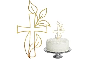 ZORVUJI Topper Prima Comunione per Torta Scenografica, Croce Oro Decorazione Prima Comunione per Bambina Bambino, Design con Foglie per Battesimo