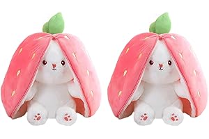 COQOYO Kuscheltier Hase in Erdbeere, 2pcs Osterhase Plüschtiere, Flip Plüsch Stofftier mit Reißverschluss, Kleine Süße Kaninchen Kawaii Plushie Puppe Spielzeug, Geschenke für Kinder, Rosa Weiß