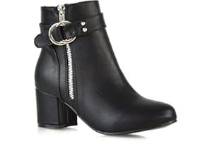 ESSEX GLAM Womens Ankle Boots Block Low Mid Heel Ladies Zip Buckle Strap Smart Booties Shoes