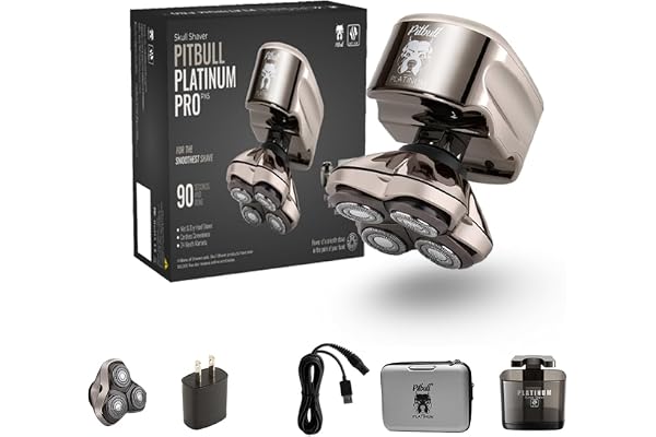 Skull Shaver Pitbull Platinum Pro PX5 - Rasoir Électrique Homme - Sans Fil, Rechargeable, Humide/Sec, Ergonomique pour Crâne - Avec Socle de Rinçage et Étui de Voyage - Lame Supplémentaire Incluse