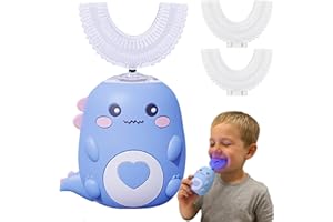 QIAKEFE Spazzolino da denti elettrico a 360º per bambini, spazzolino da denti elettrico con 2 testine in silicone a forma di U, ricaricabile e impermeabile, per casa, viaggi, uso (blu 6-12 anni)