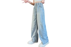 ZhungZaoh Baggy Jeans Mädchen Wide Leg Hose Straight Jeanshosen High Waist Loch Denim Blau Hosen Weites Bein Schlaghose Elegant Freizeithosen mit Taschen