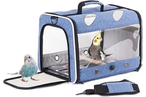 Interfashioner® Bird Travel Carrier for Parakeet Parrot Cockatiel Small Birds, Bird Travel Carrier with Metal Tray and Standing Perch (Blue)
