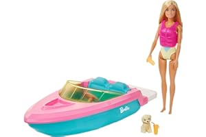 Barbie Playset con Bambola Bionda, Motoscafo Galleggiante, Cucciolo e Accessori, Giocattolo per Bambini 3+Anni, GRG30