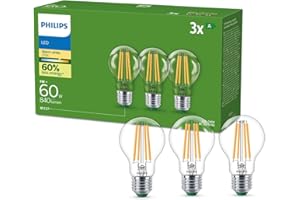 Philips, lot de 3 ampoules LED classe énergétique A, culot E27 équivalent 60W, Blanc chaud 2700K, claire