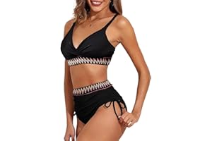 BAEIDO Ensemble bikini taille haute pour femme, 2 pièces, col en V, contrôle du ventre, froncé avec cordon de serrage pour femme, maillot de bain de plage et de piscine