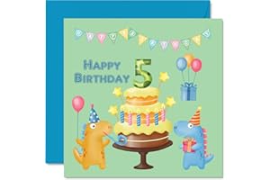 STUFF4 Kartka urodzinowa dla chłopca na 5. urodziny dinozaura, kartka urodzinowa z okazji 5-letniego chłopca, kartki urodzinowe dla chłopców, 145 mm x 145 mm kartka z życzeniami dla syna, siostrzeńca, wnuka, dzieci